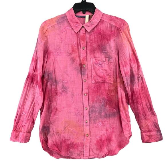 Pilcro Tops - Anthropologie Pilcro Shirt Womens XS Pink Tie Dye Embroidered Floral Button Top